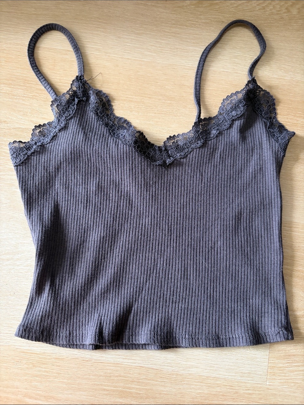 Garage Grey Ribbed Lace-Trim Cropped Cami